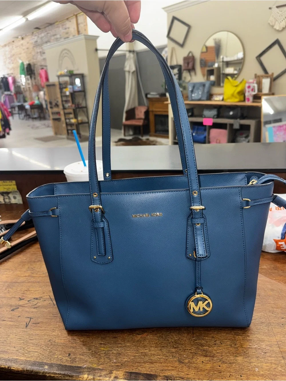 Michael Kors Blue Saffiano Leather Tote with Gold Hardware